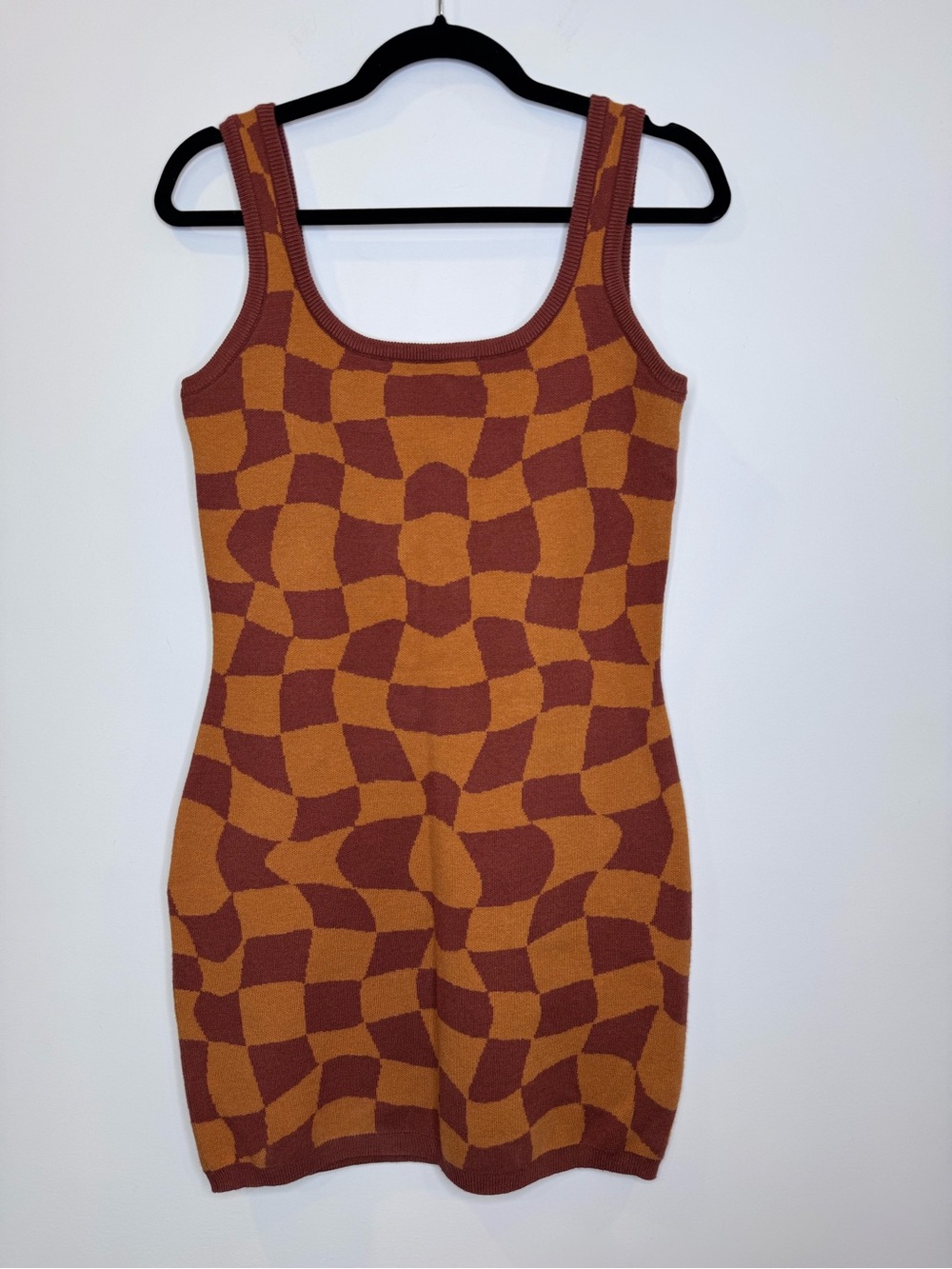 Bailey Rose Orange Burgundy Warped Checkerboard Knit Bodycon Dress sz large